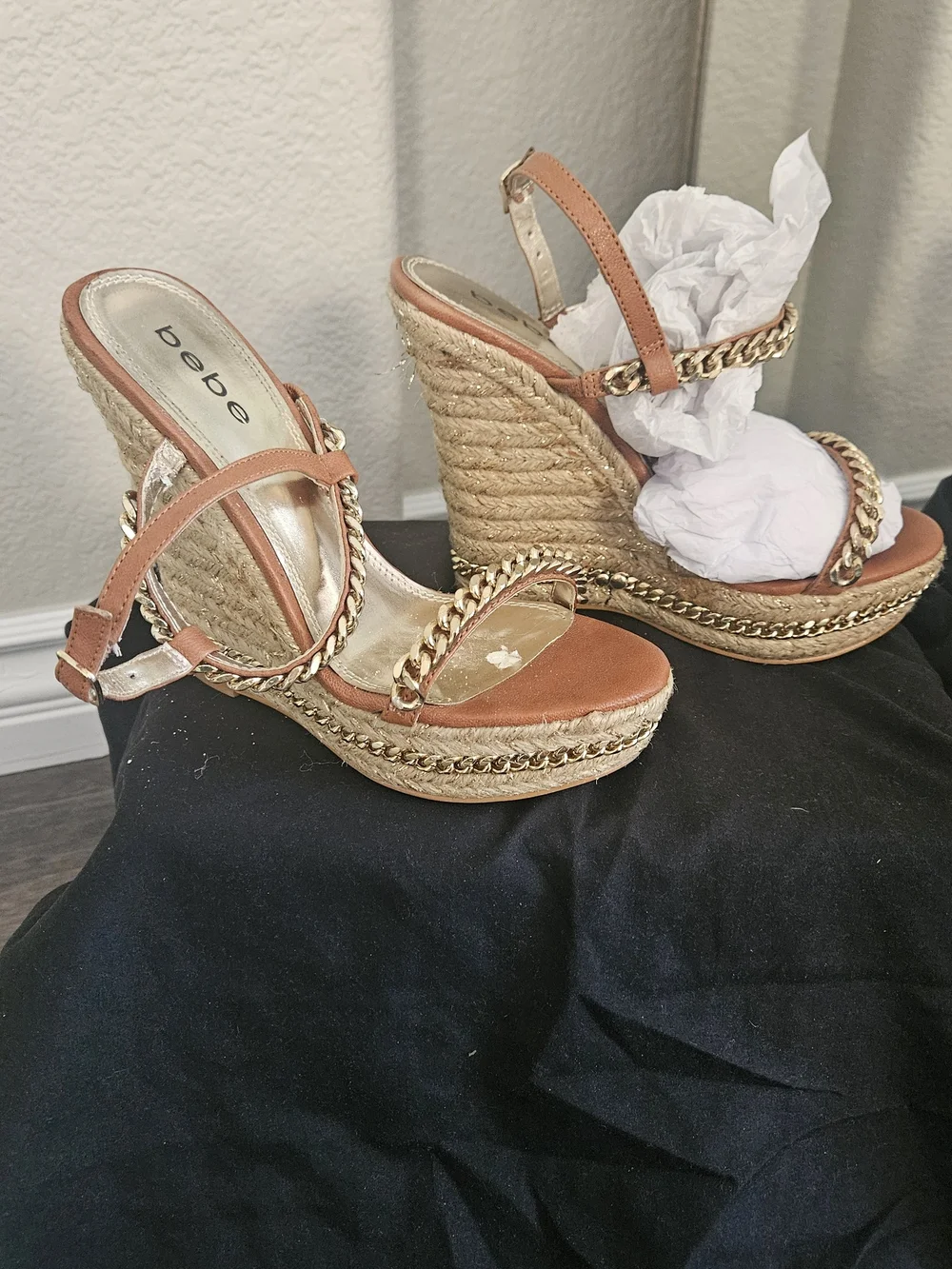bebe Brown Wedge Sandals with Gold Chain Detail